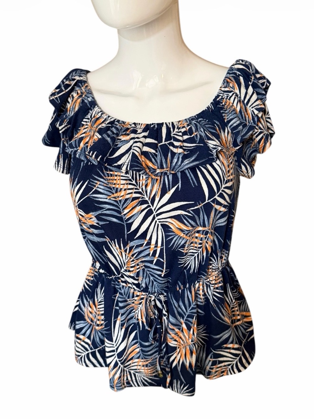 Luxology Navy Tropical Leaf Ruffle Peplum Top